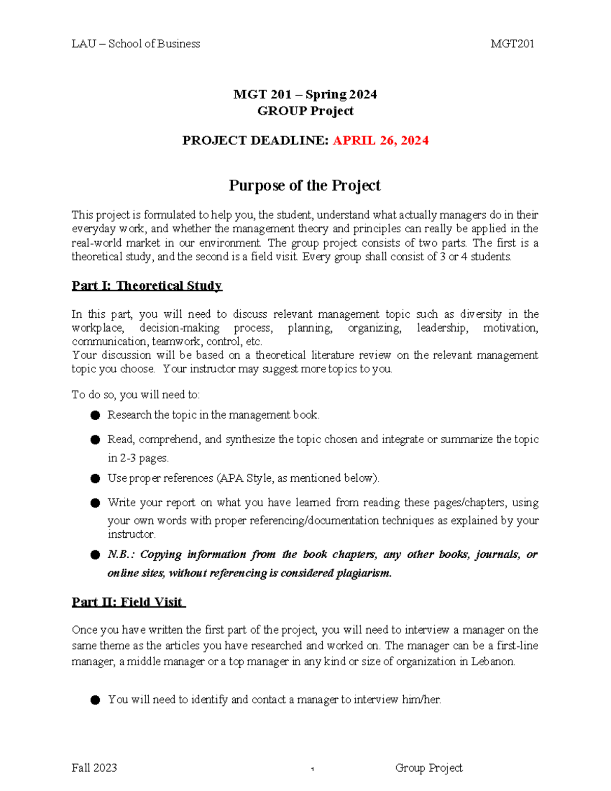 Field Project Spring 2024 and suggested grading scheme (1) - MGT 201 ...