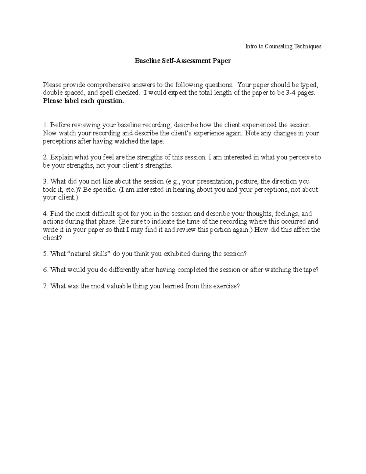 Baseline Self Assessment Questions PSYC 4770 Intro to Counseling