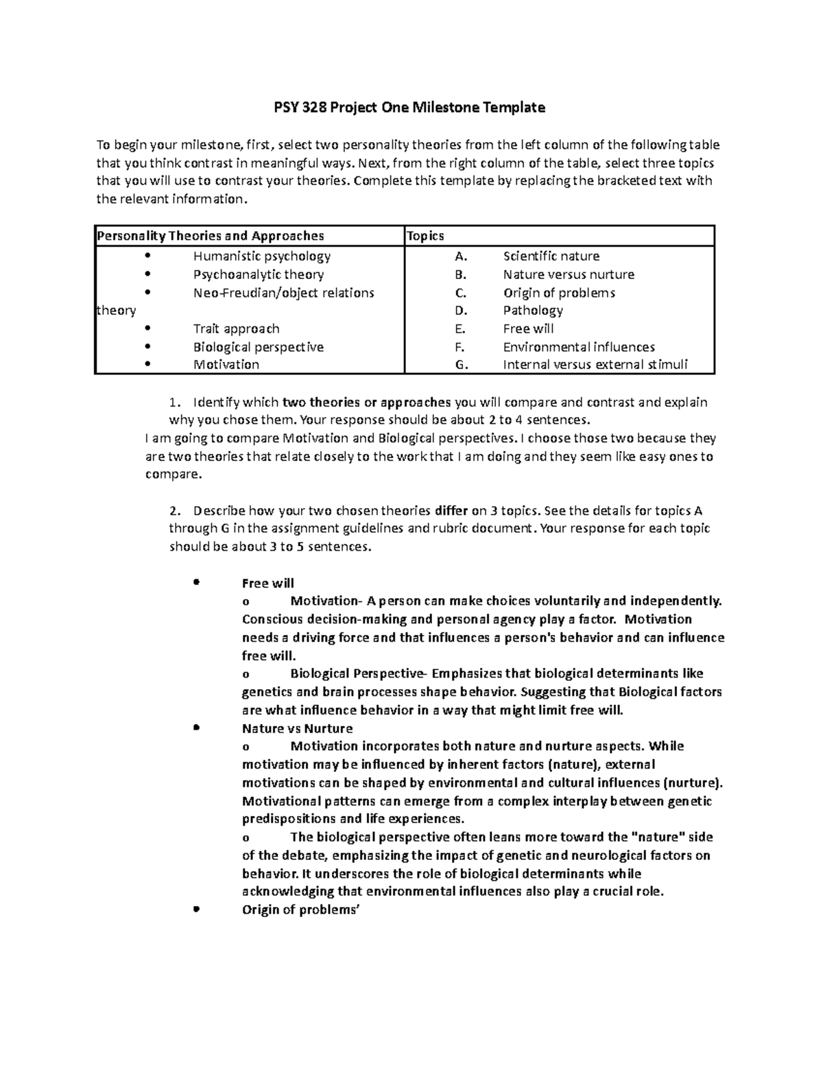 PSY 328 Project One Milestone Template - Next, From The Right Column Of ...