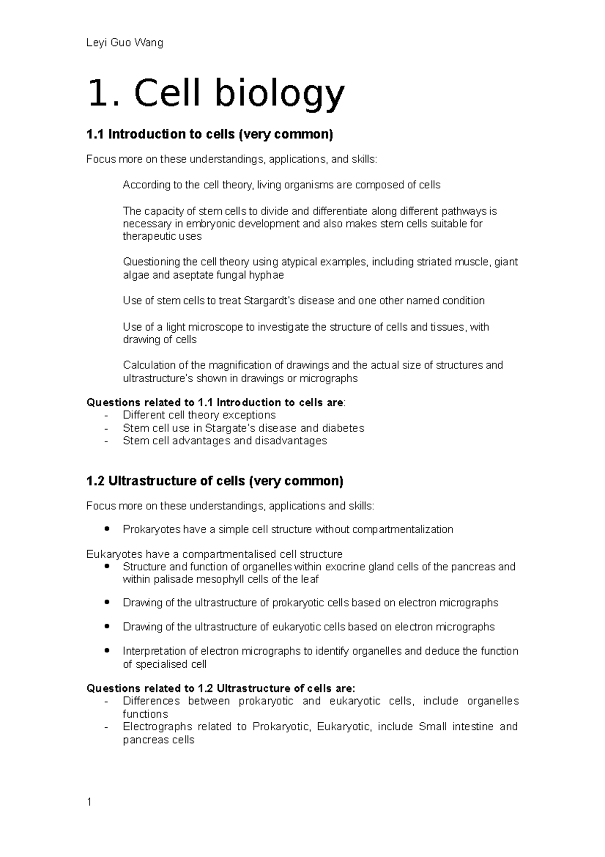 Biology syllabus for IB - Leyi Guo Wang 1. Cell biology 1 Introduction ...