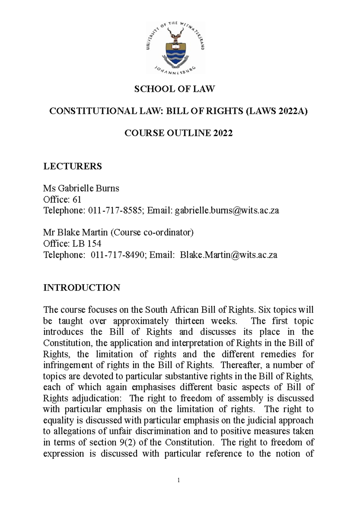 Constitutional Law Bill of Rights course outline 2022 - SCHOOL OF LAW ...