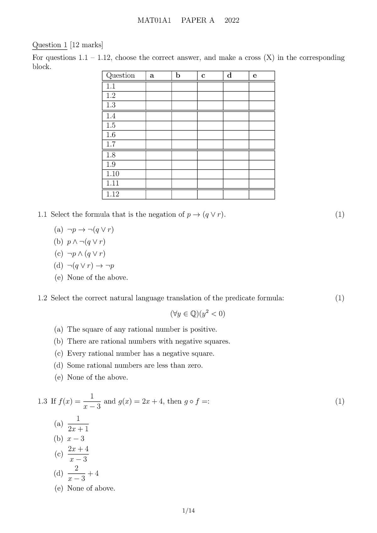 MAT01A1 - Ffh - Question 1 [12 marks] For questions 1 – 1, choose the ...