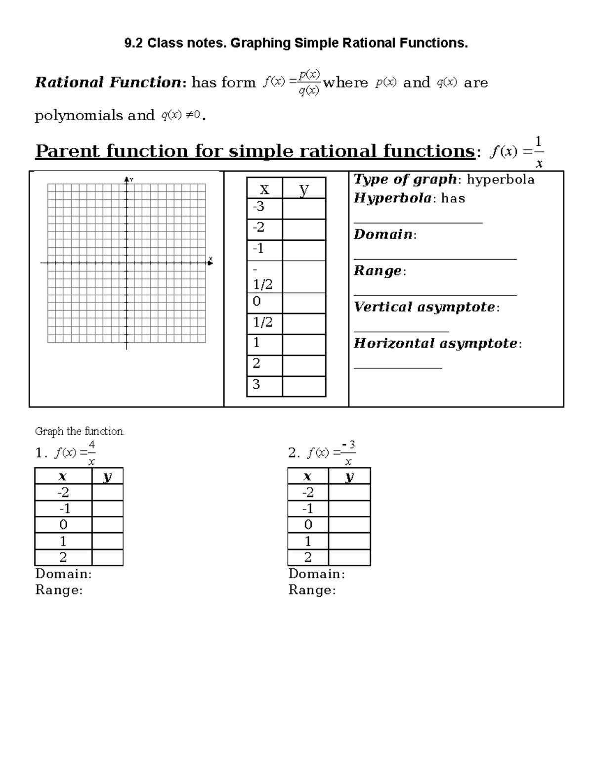 9.2 Class notes Graphing simple rational functions - 9 Class notes ...