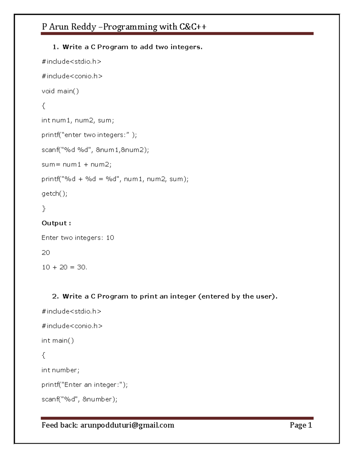 Programming C & C++ Record - Write a C Program to add two integers. # ...