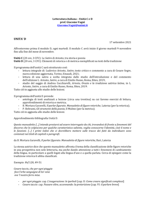 Letteratura italiana UC e UD - Letteratura italiana – Unità C e D prof.  Giacomo Vagni Giacomo@unimi - Studocu