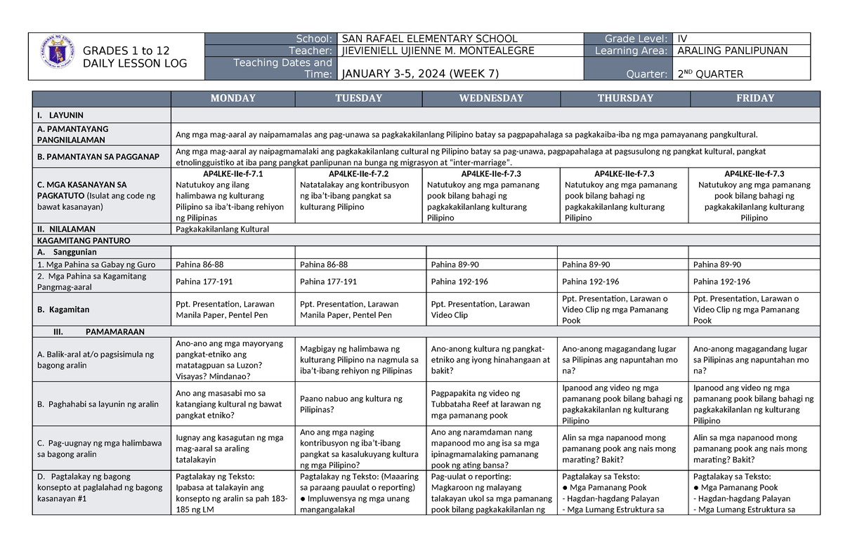 DLL Araling Panlipunan 4 Q2 W7 - GRADES 1 To 12 DAILY LESSON LOG School ...