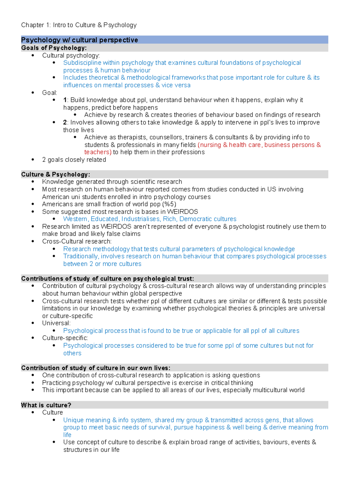 Chapter 1- PSY101 - Lecture Notes 1 - Chapter 1: Intro To Culture ...