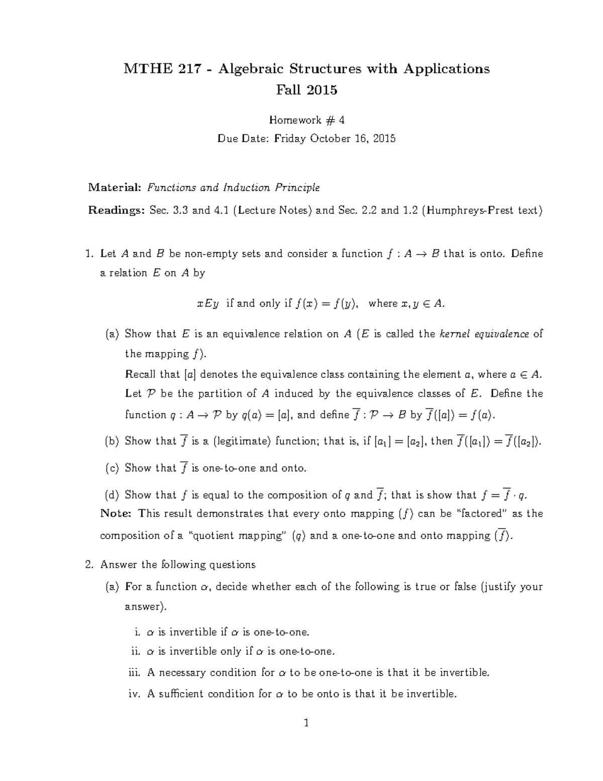 Seminar Assignments - Homework 4 Solutions - MTHE 217 Algebraic ...