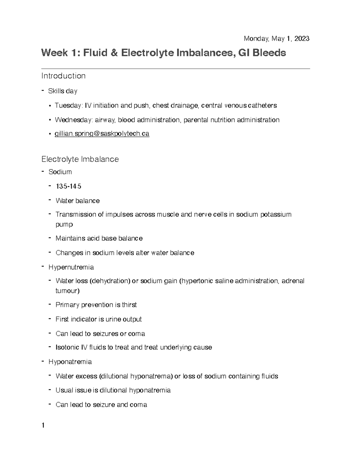 CNUR 305 Summary - Week 1: Fluid & Electrolyte Imbalances, GI Bleeds ...