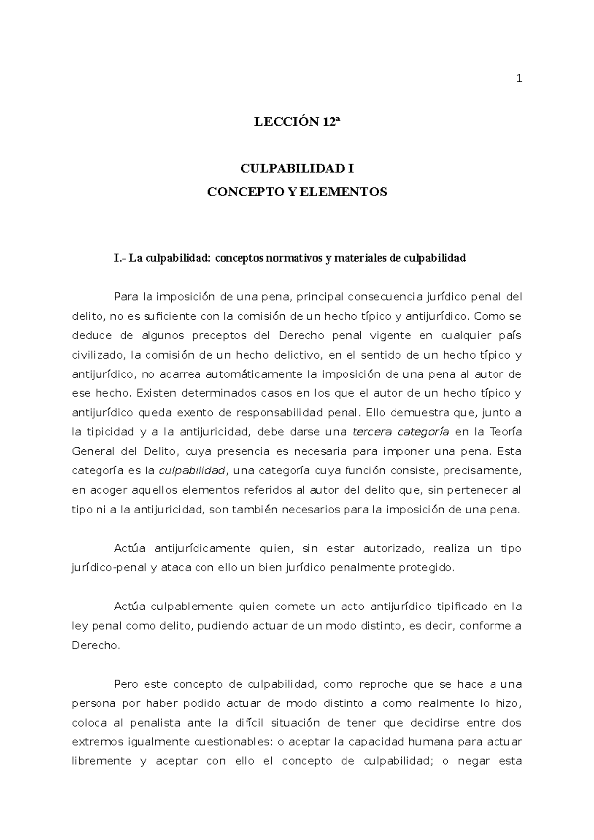 Tema 12. Culpabilidad I. Concepto Y Elementos - LECCIÓN 12ª ...