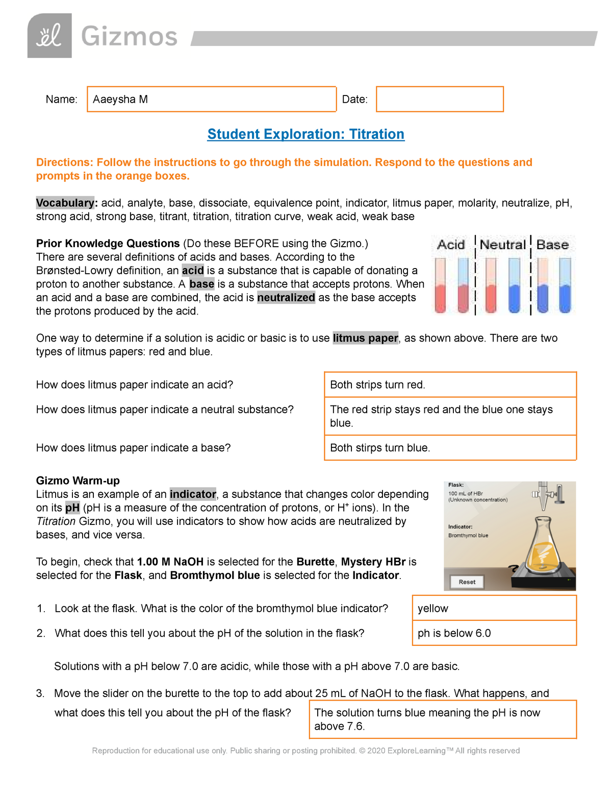 Student Exploration Titration Worksheet Answers