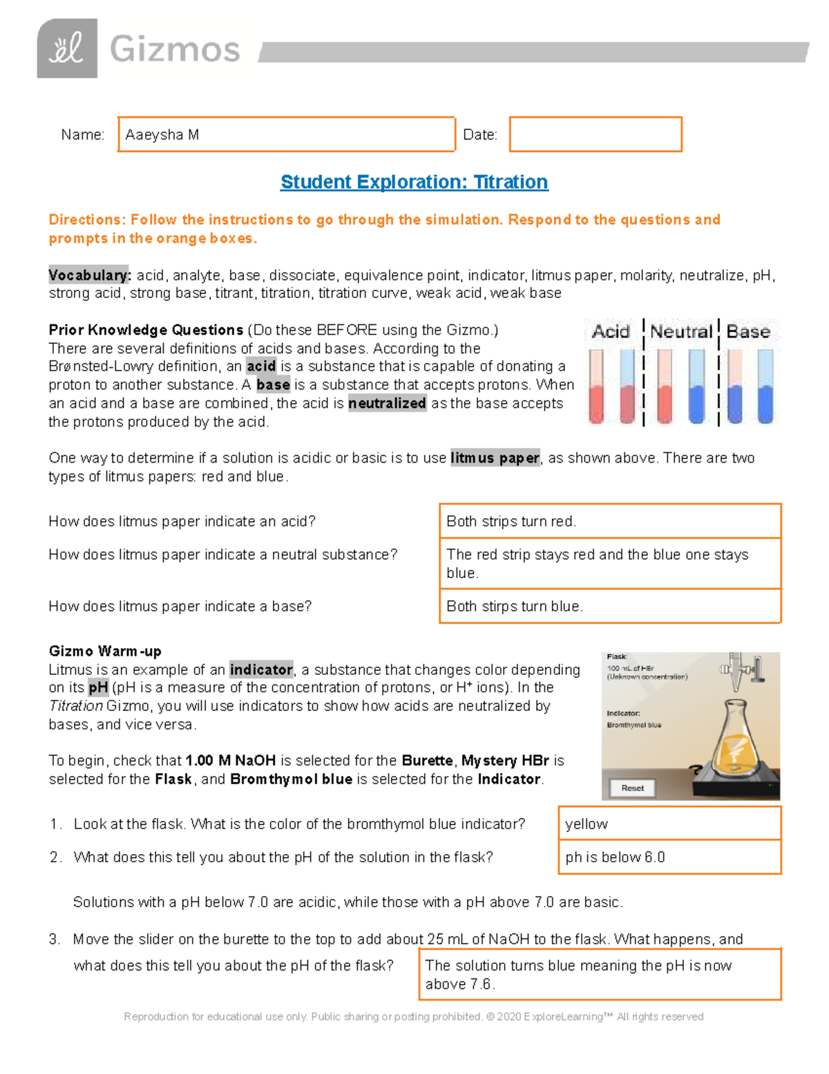 Student Exploration Titration Gizmo Name Aaeysha M Date Student Exploration Titration 