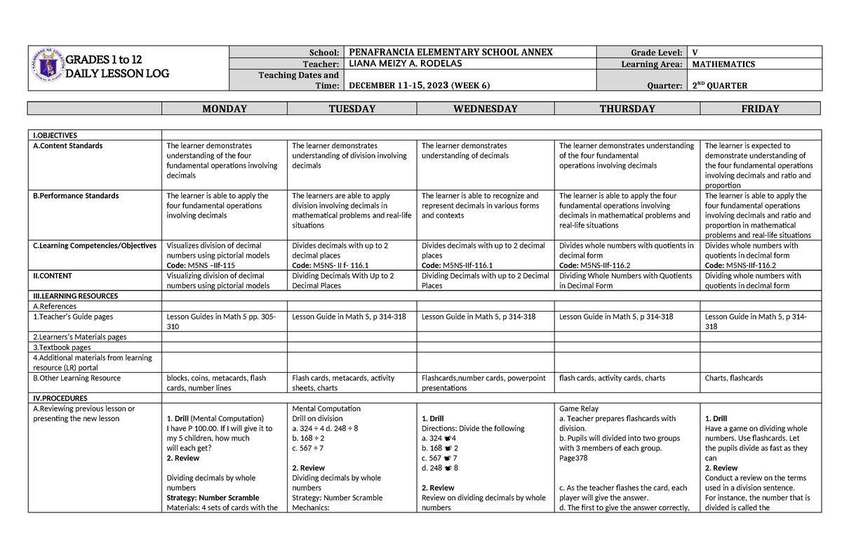 DLL Mathematics 5 Q2 W6 - To Help Everyone. - GRADES 1 To 12 DAILY ...