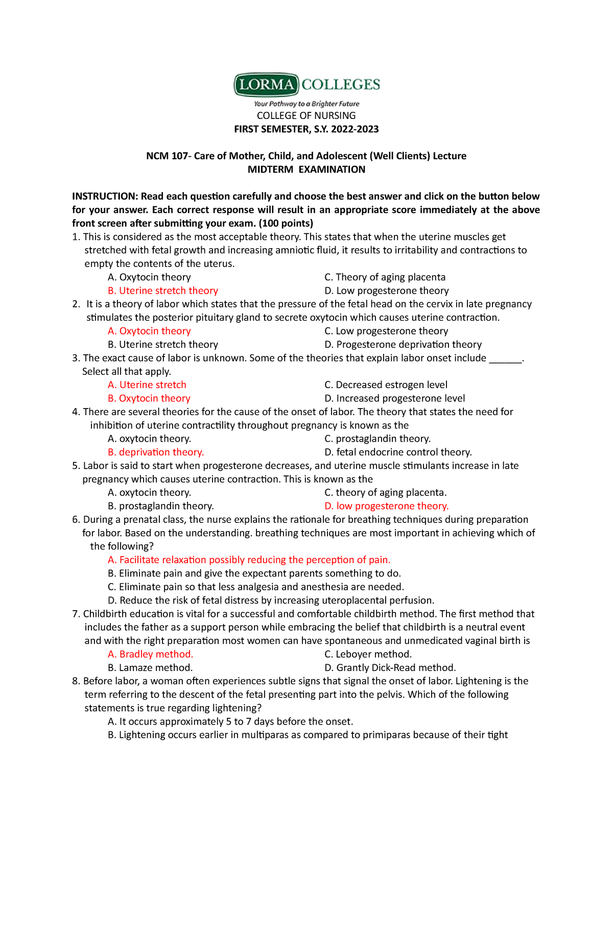 NCM 107 Lec Midterm Exam With Answers - COLLEGE OF NURSING FIRST ...