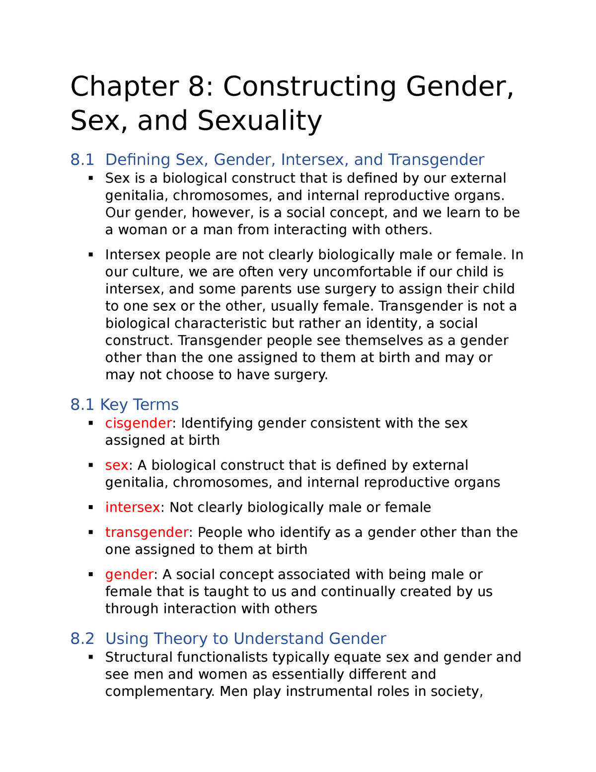 Intro To Sociology Ch 8 Notes Chapter 8 Constructing Gender Sex And Sexuality 8 Defining 