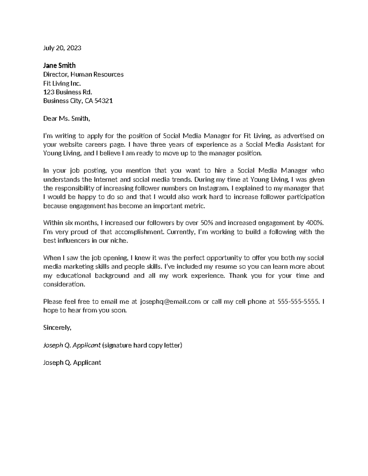 Cover Letter Template 4 - July 20, 2023 Jane Smith Director, Human ...