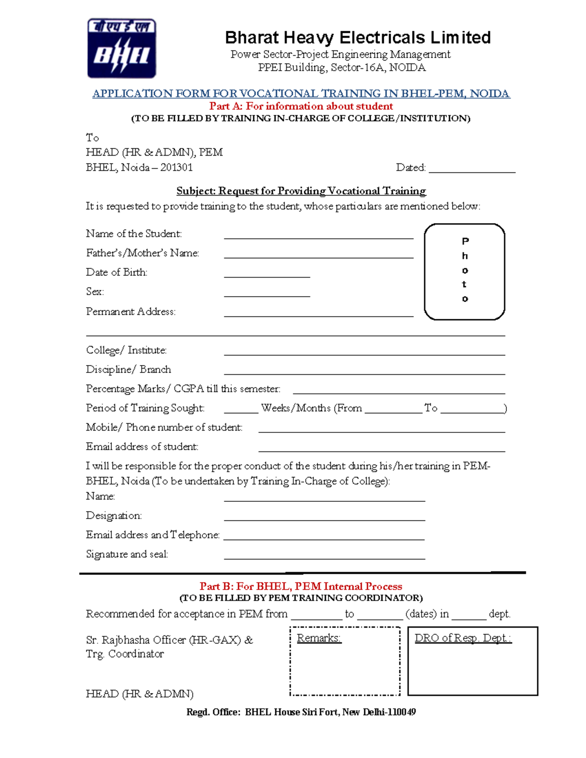 Latest application Format (Head HR & Admin)) - Bharat Heavy Electricals ...