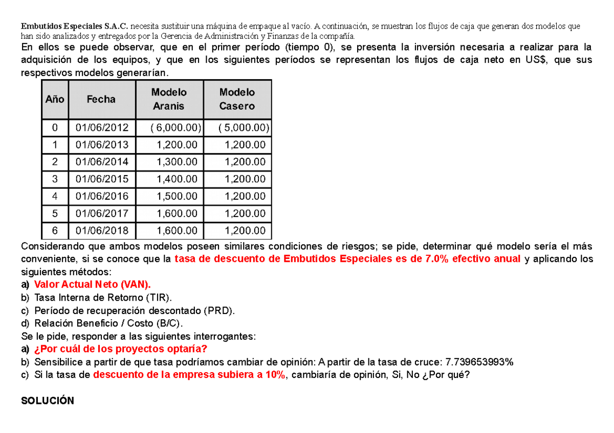 Indicadores De Rentabilidad - VAN TIR BC PRD Y AR - Embutidos ...