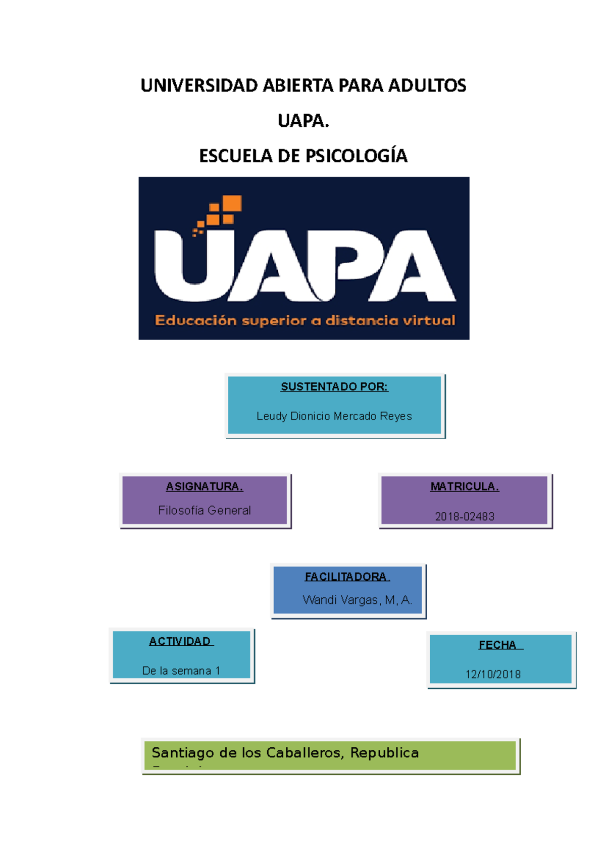 Tarea I - UNIVERSIDAD ABIERTA PARA ADULTOS UAPA. ESCUELA DE PSICOLOGÍA ...