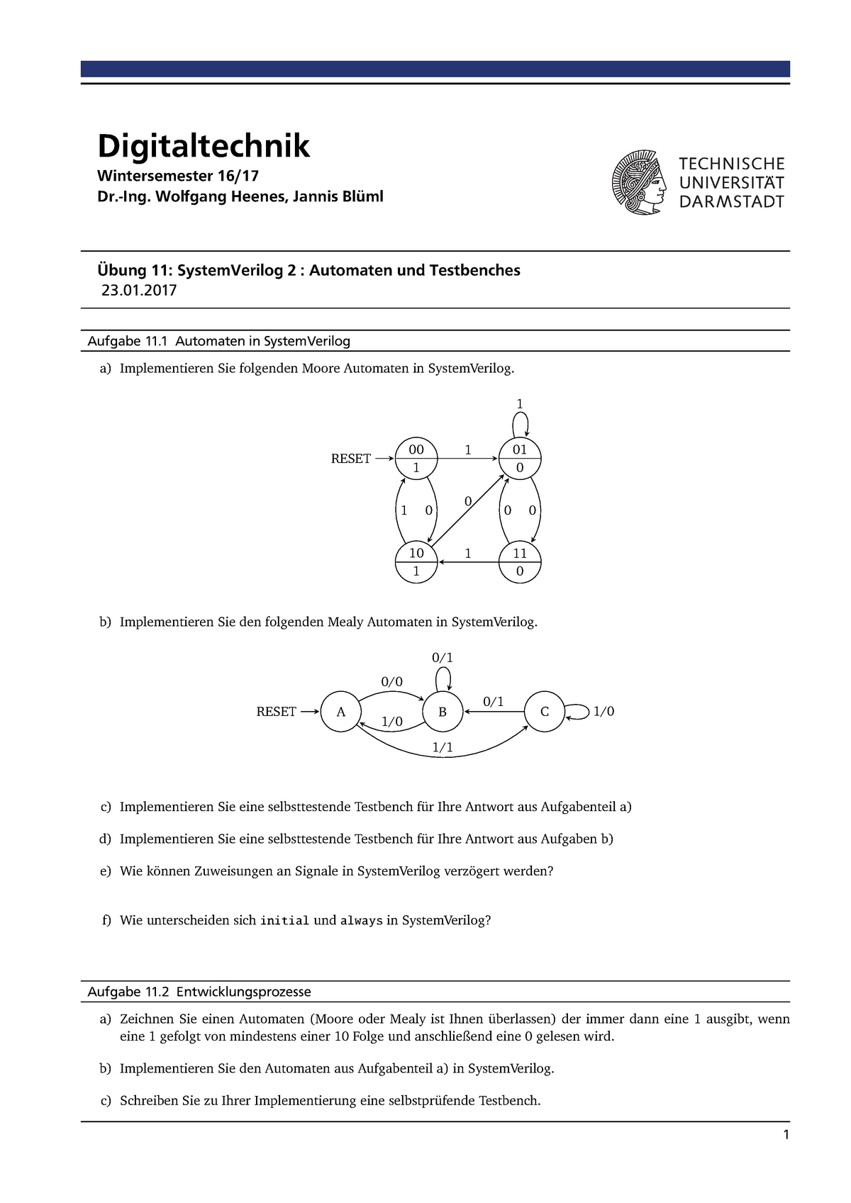 Uebung 11 - Aufgaben - Digitaltechnik Wintersemester 16/ Dr.-Ing ...
