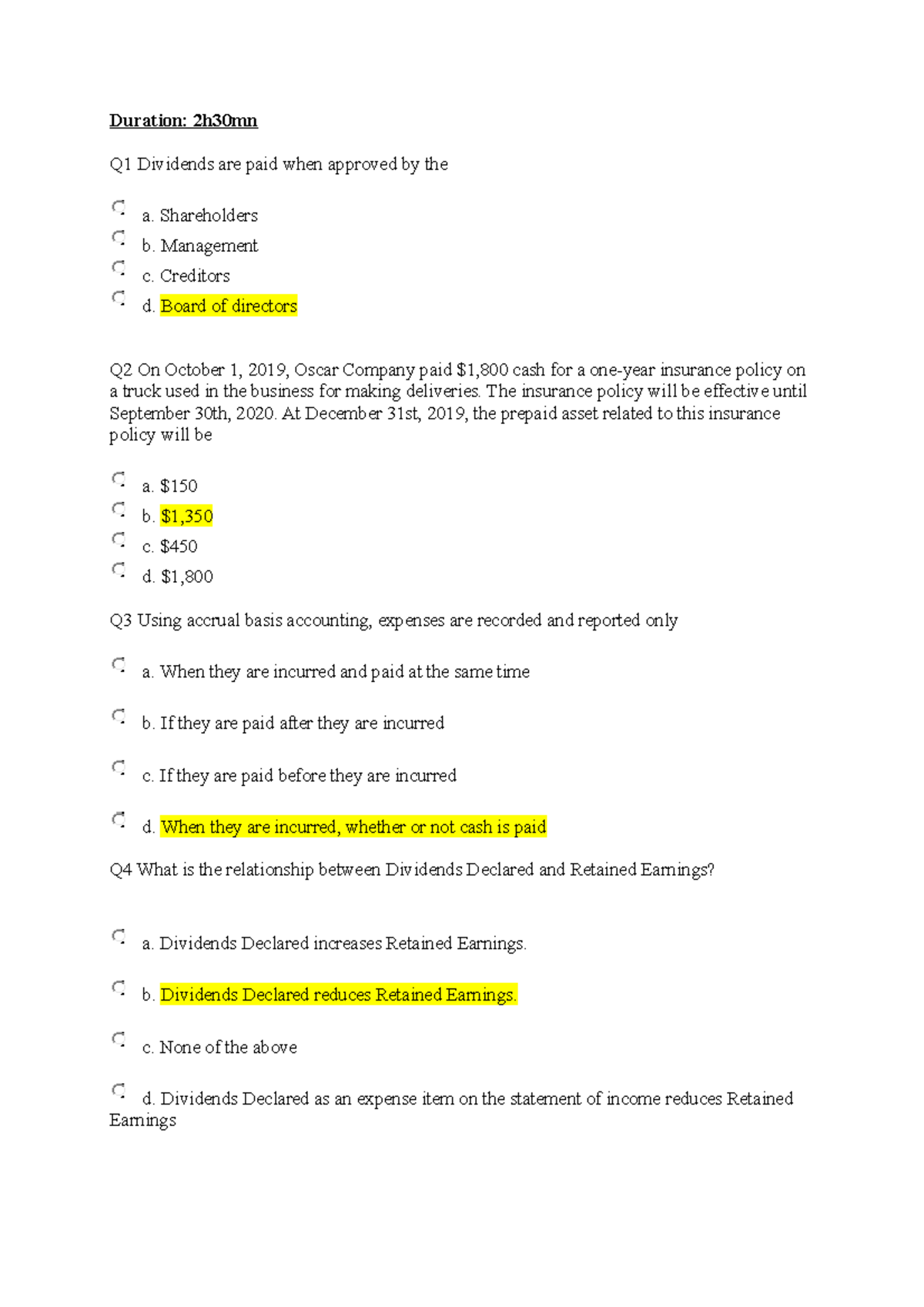 Midterm Fall 2020 MCQ solution - Duration: 2h30mn Q1 Dividends are paid ...