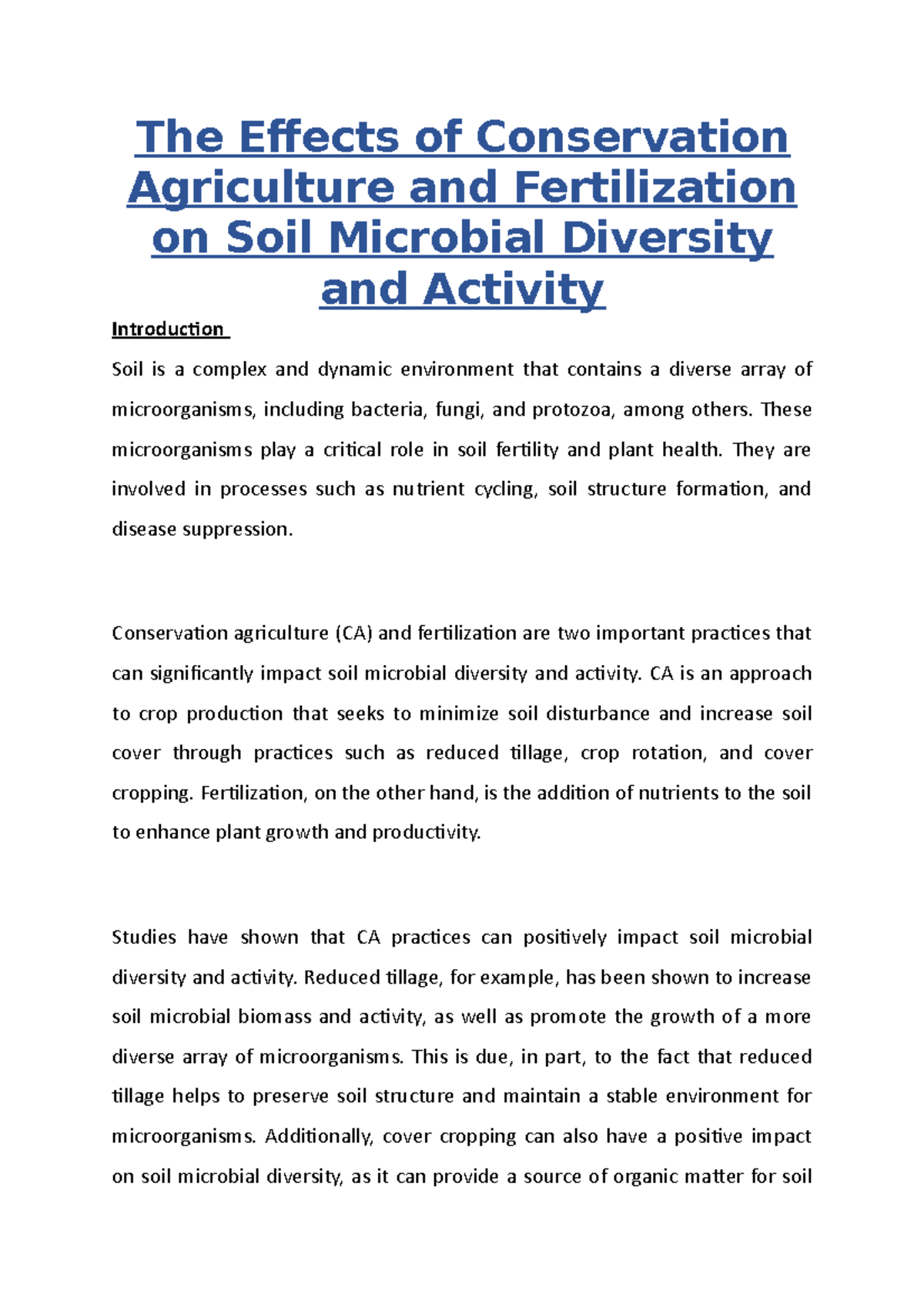 The Effects of Conservation Agriculture and Fertilization on Soil ...