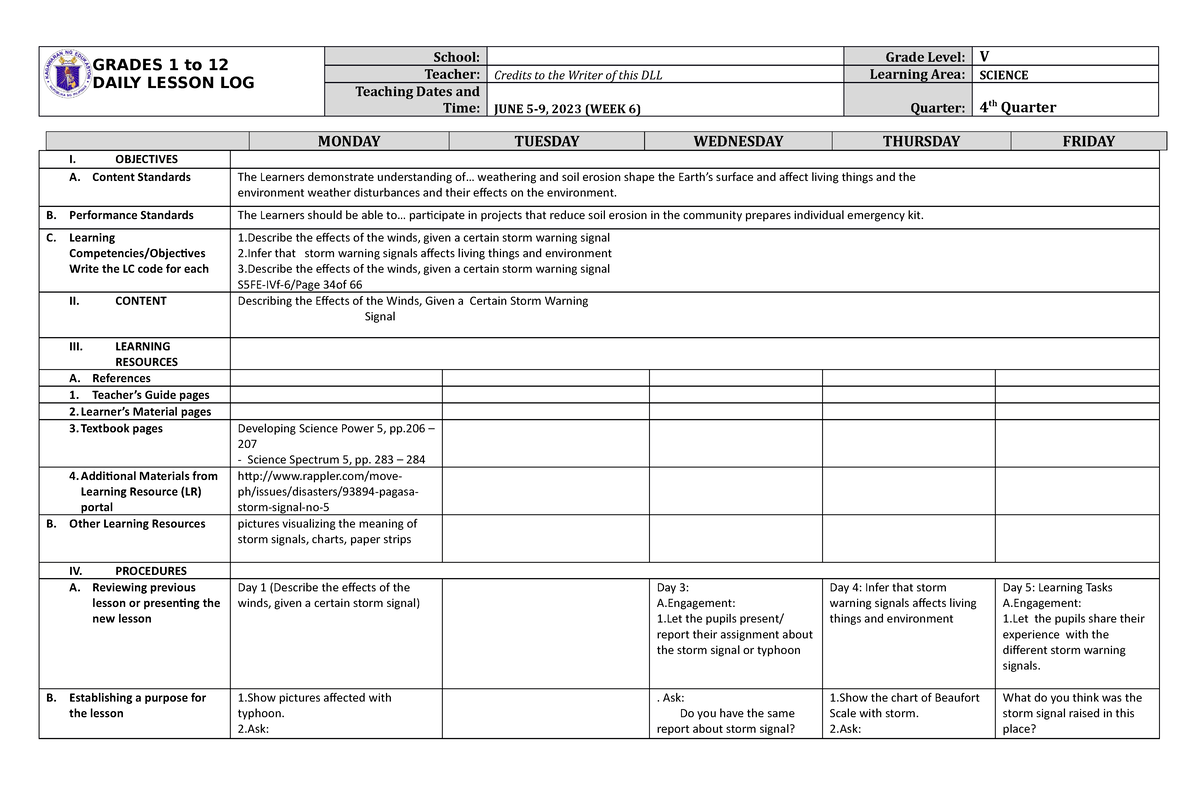 Grade 5 DLL Science 5 Q4 Week 6 - GRADES 1 to 12 DAILY LESSON LOG ...