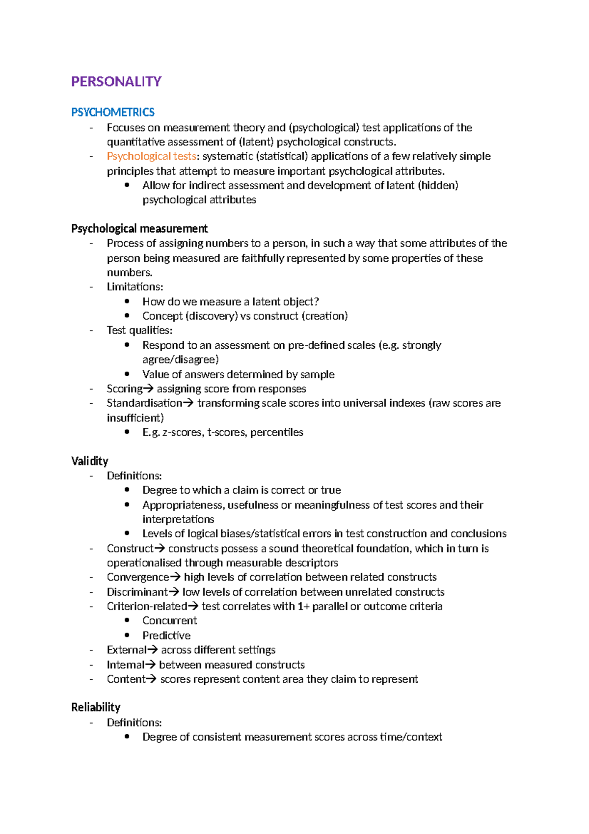Psyc2017 notes - PERSONALITY PSYCHOMETRICS Focuses on measurement ...