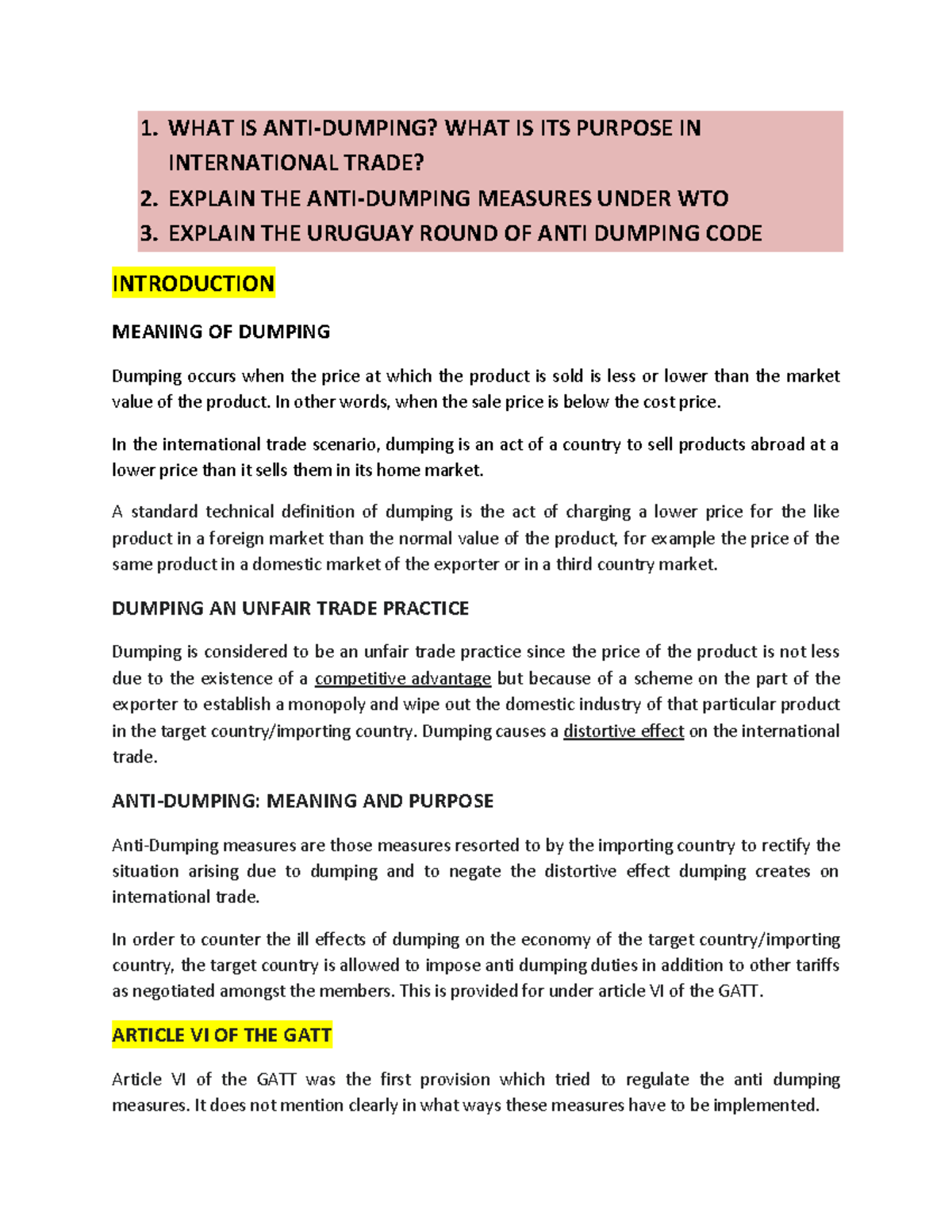 Antidumping Anti Dumping 1. WHAT IS ANTIDUMPING? WHAT IS ITS
