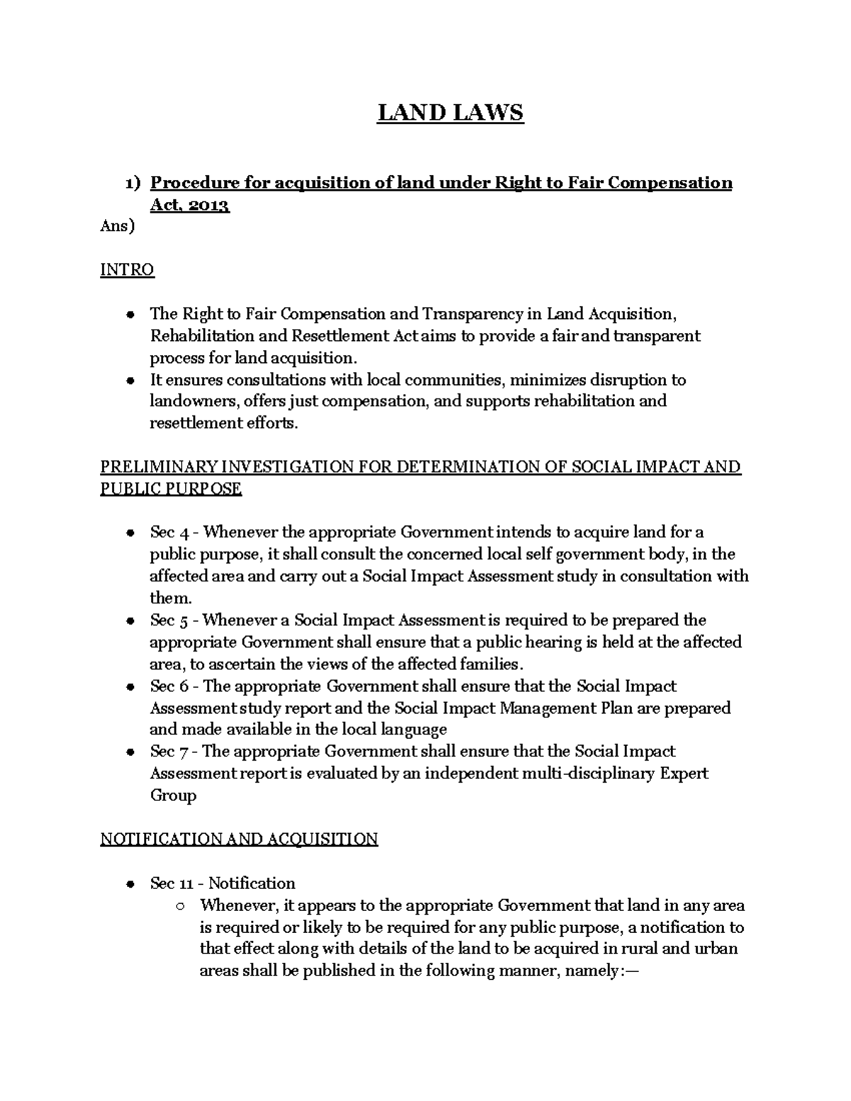 LAND LAWS - UNIT 1 - LAND LAWS Procedure for acquisition of land under ...