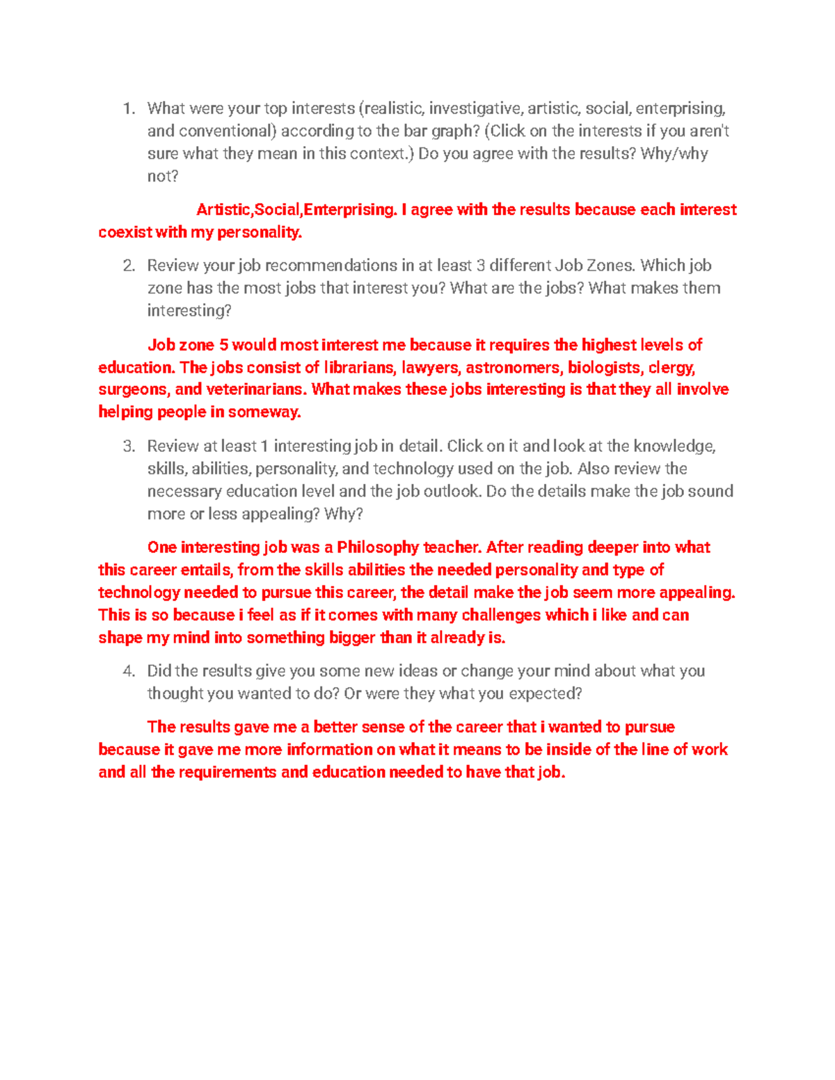 Reflection - N/a - What were your top interests (realistic ...