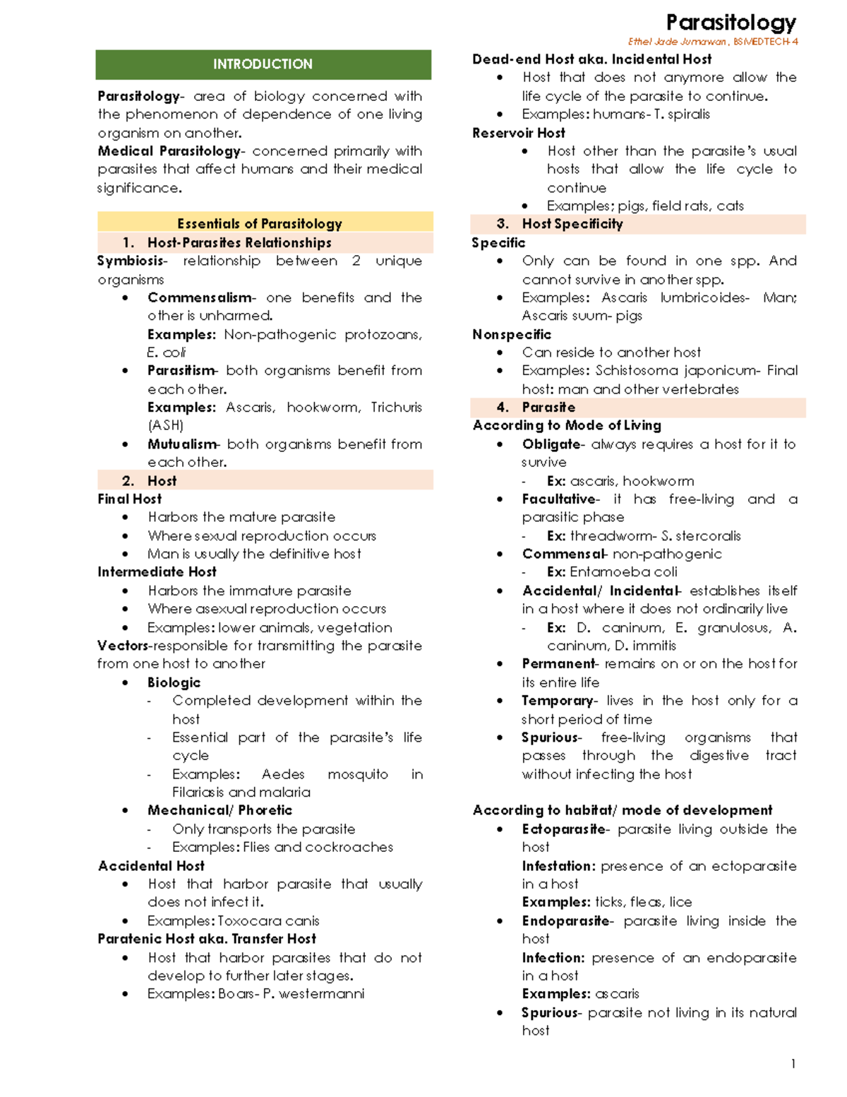 Parasitology - Summary on Lecture notes - Ethel Jade Jumawan ...