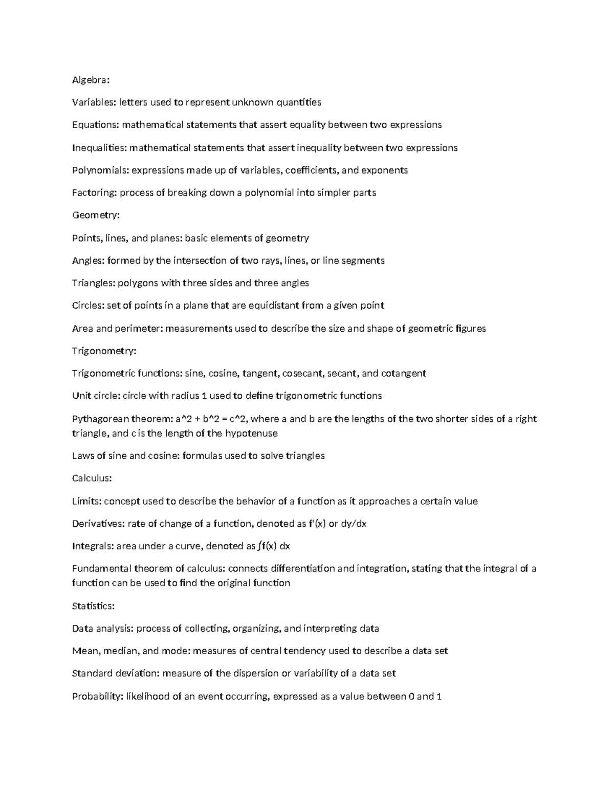 A - Summary Mathematics - Algebra: Variables: letters used to represent ...