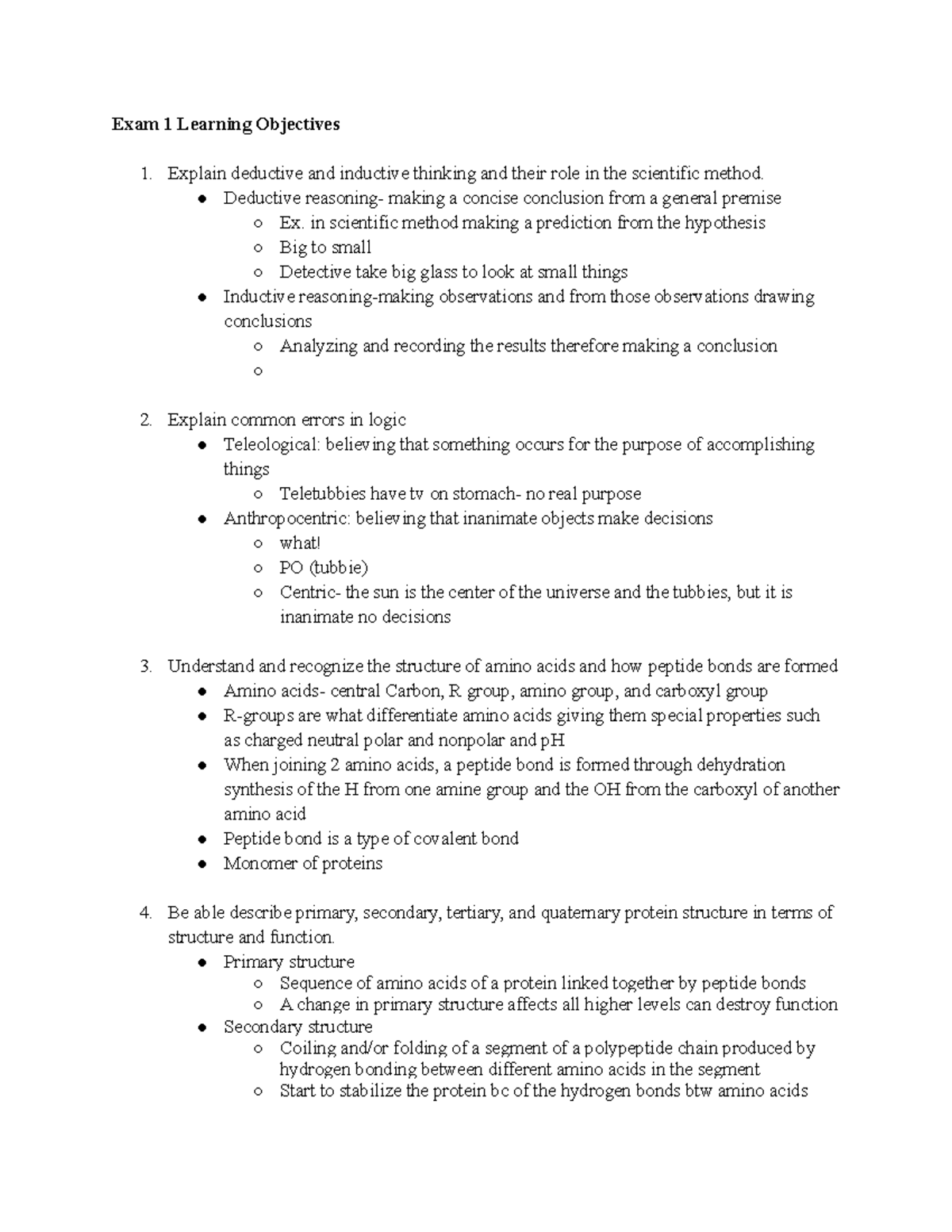 Bio Exam 1 Notes - Exam 1 Learning Objectives Explain deductive and ...