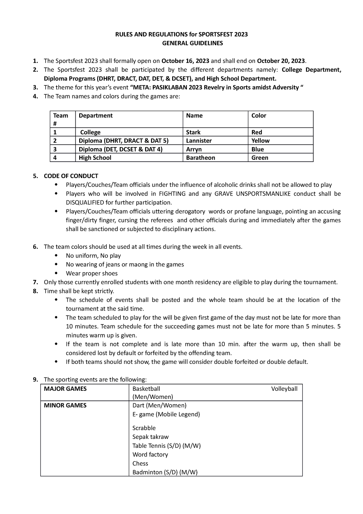 Rules AND Regulations For Sportsfest 2023 - RULES AND REGULATIONS For ...