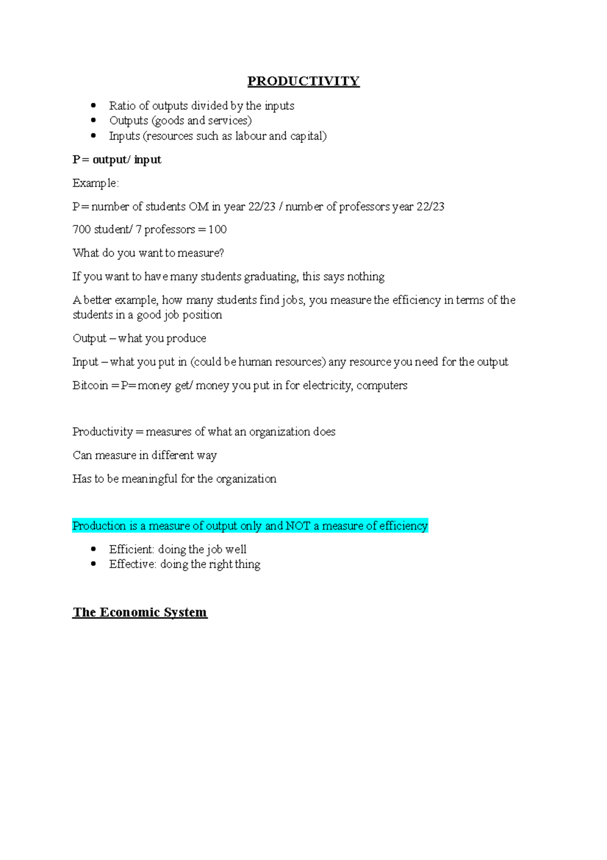 Productivity - Lecture Notes - PRODUCTIVITY Ratio Of Outputs Divided By ...