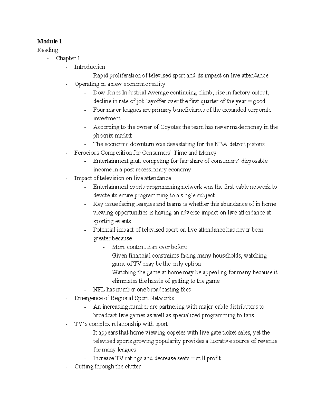 Sport Finance Midterm Lecture notes Module 14 Module 1 Reading