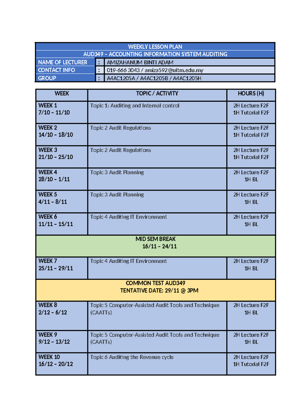AUD349 Weekly Lesson PLAN OCT2024 TO FEB2025 - WEEKLY LESSON PLAN ...