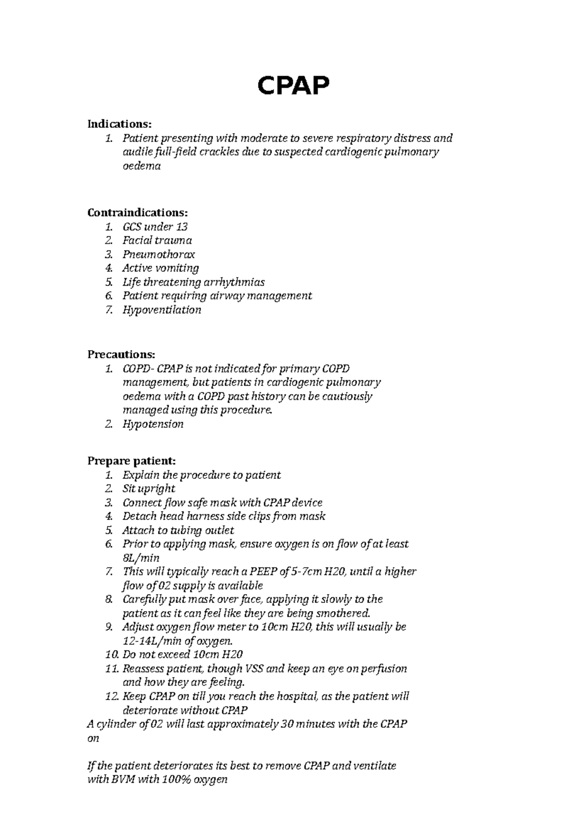 CPAP Indications, Contraindictions and CWI CPAP Indications 1
