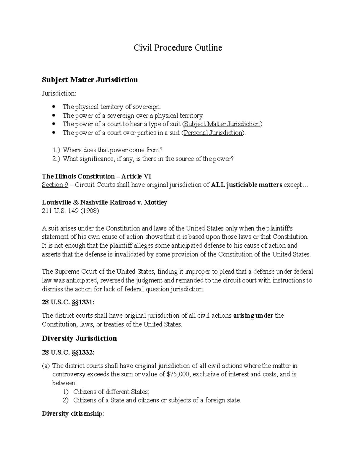 Civil Procedure Outline - Civil Procedure Outline Subject Matter ...