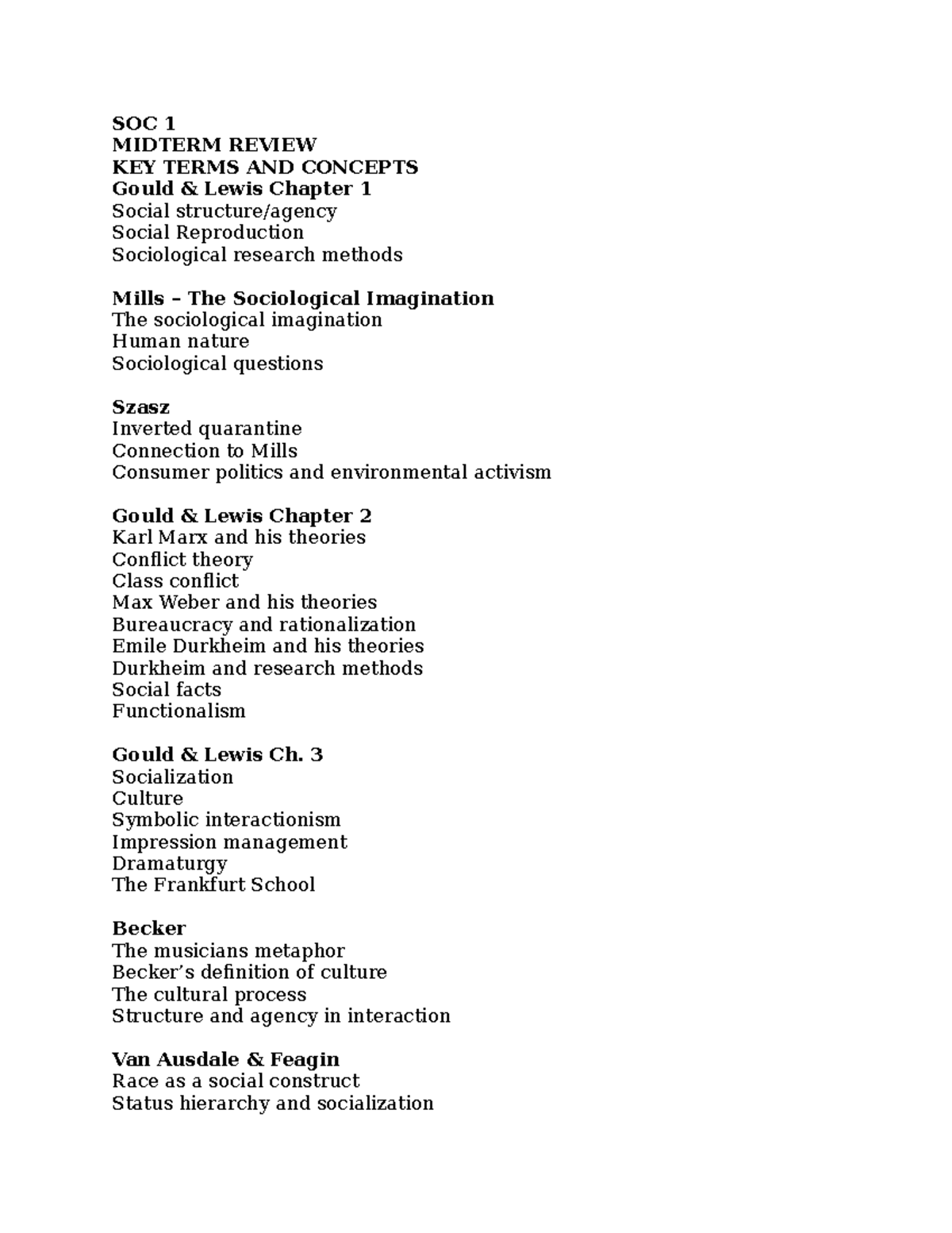 Soc 1 Midterm Study Guide - SOC 1 MIDTERM REVIEW KEY TERMS AND CONCEPTS Gould & Lewis Chapter 1 ...