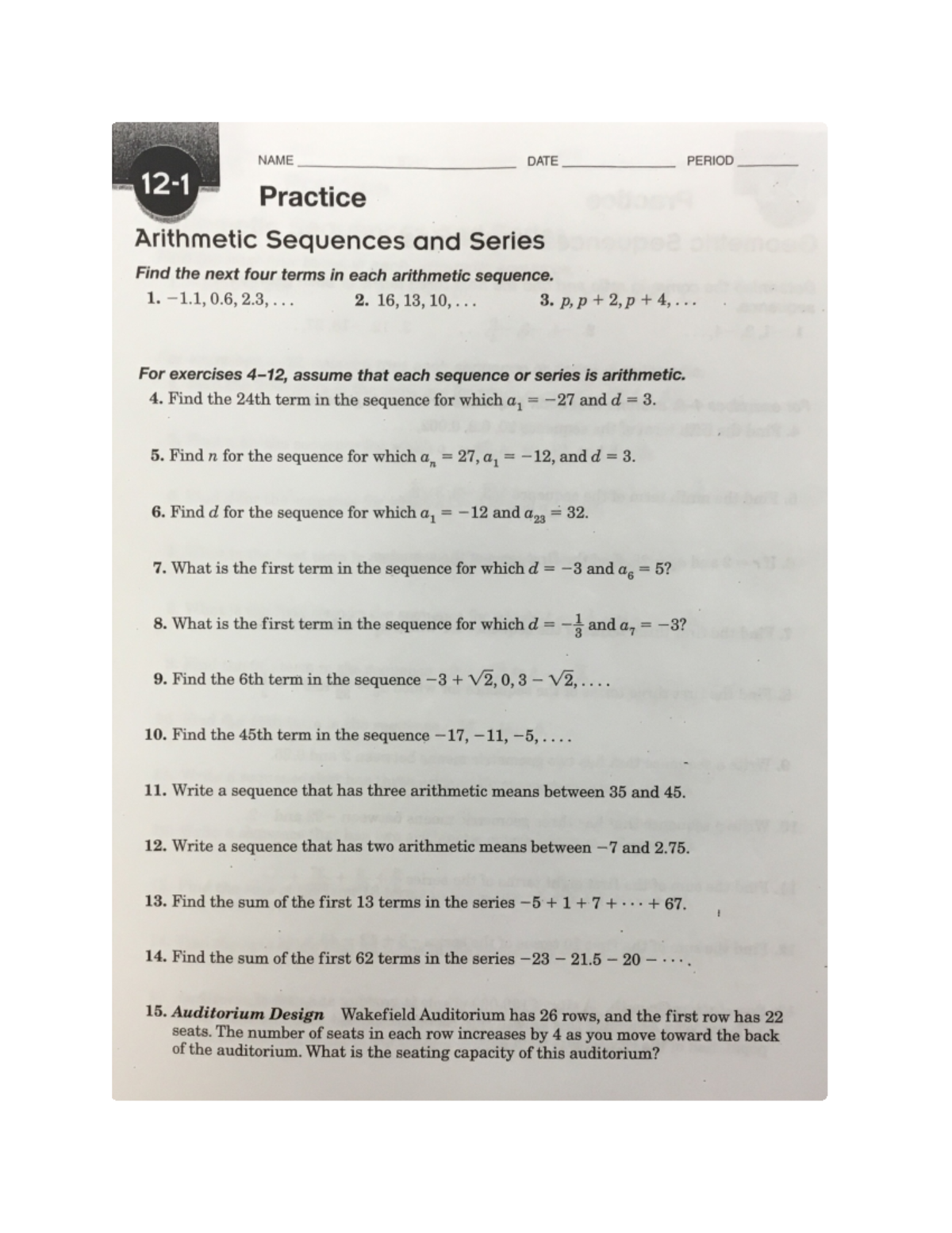 12.1 Precal practice-1 - NAME DATE PERIOD Practice Arithmetic Sequences ...