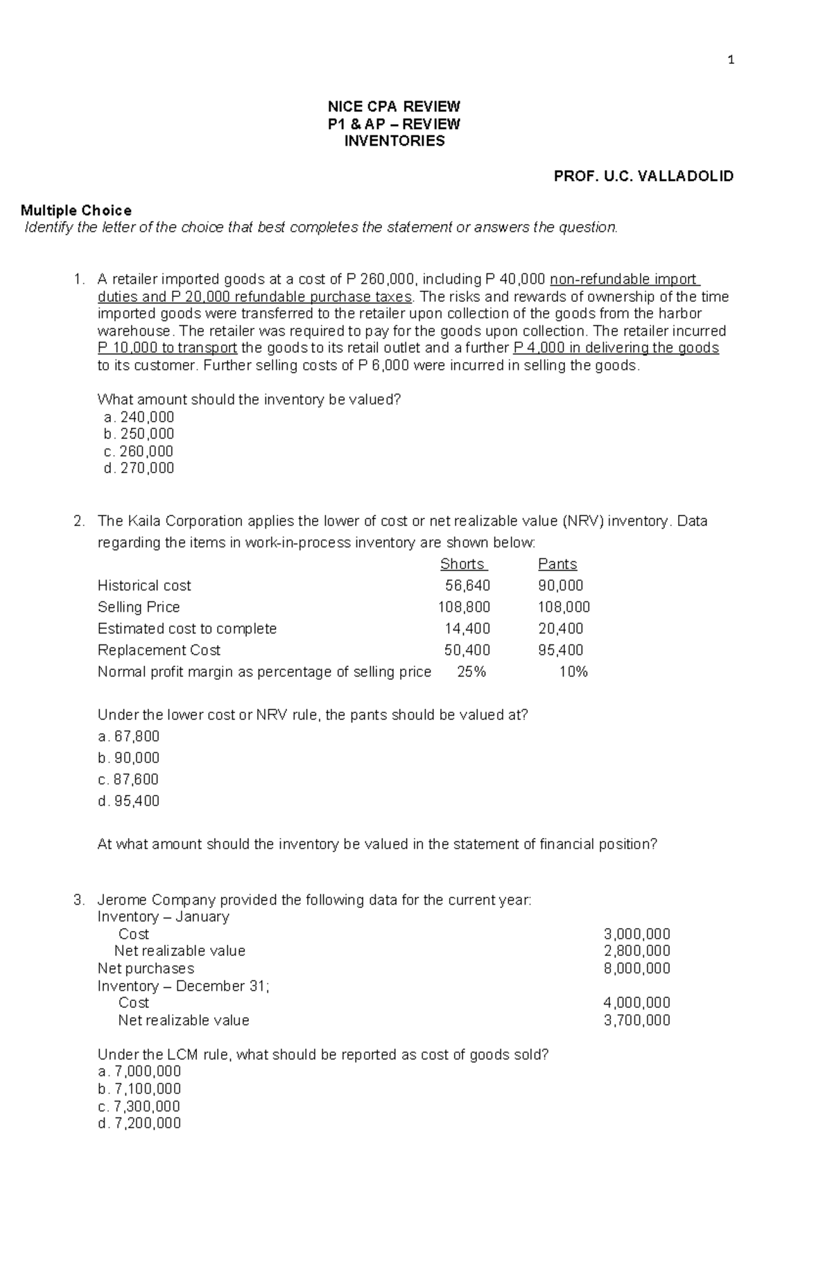 Inventory Lecture - NICE CPA REVIEW P1 & AP – REVIEW INVENTORIES PROF ...