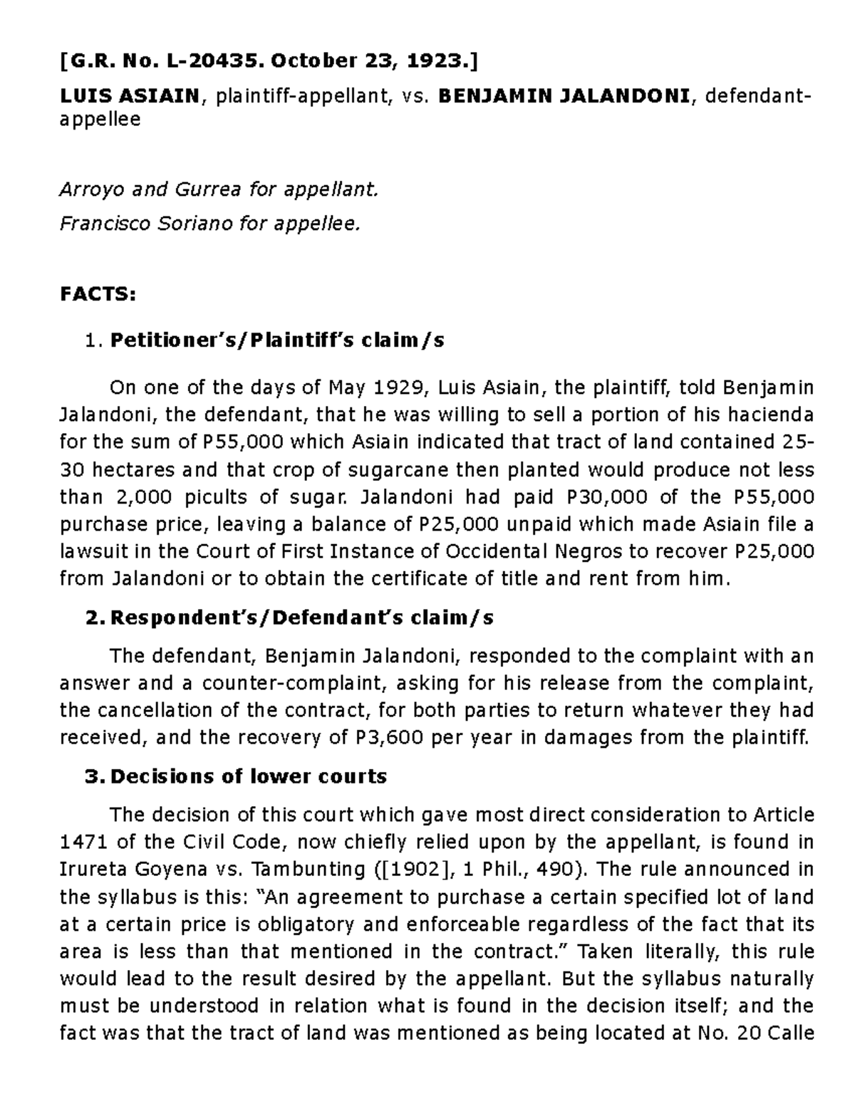 Asiain VS. Jalandoni - Summary Law on Obligations & Contracts - [G. No ...