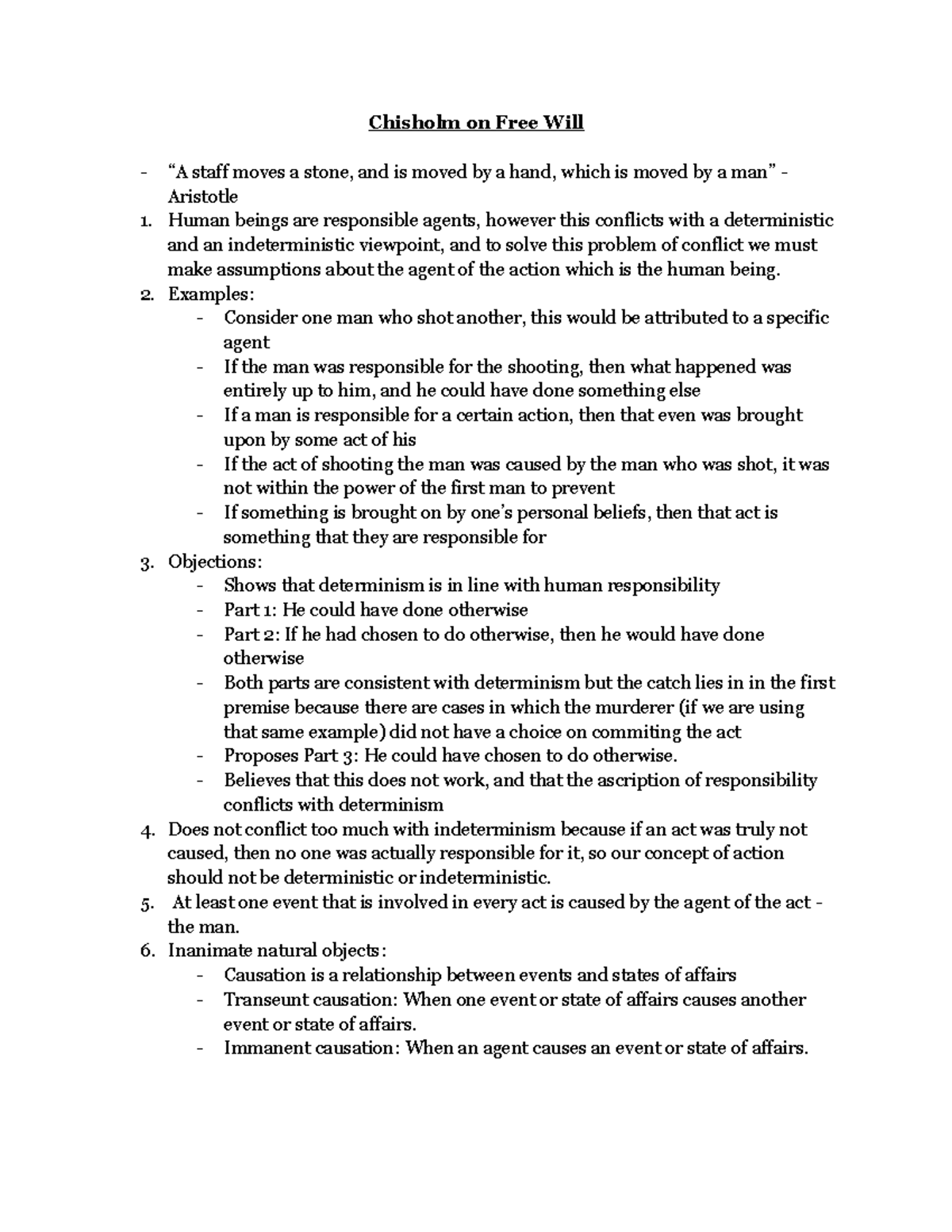 9 29 Chisholm reading notes chisolm Chisholm on Free Will “A staff