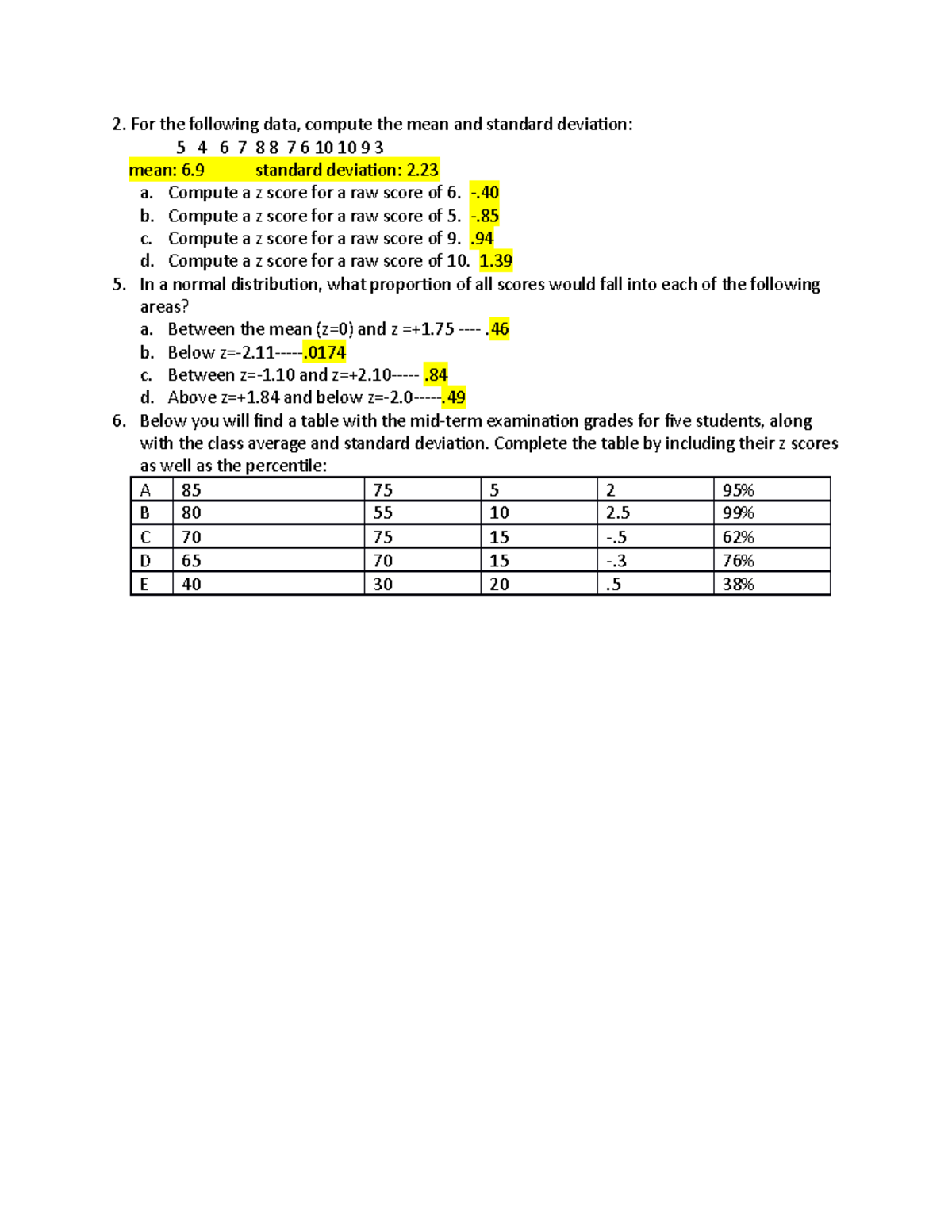 Chapter 6 Assignment - For the following data, compute the mean and ...