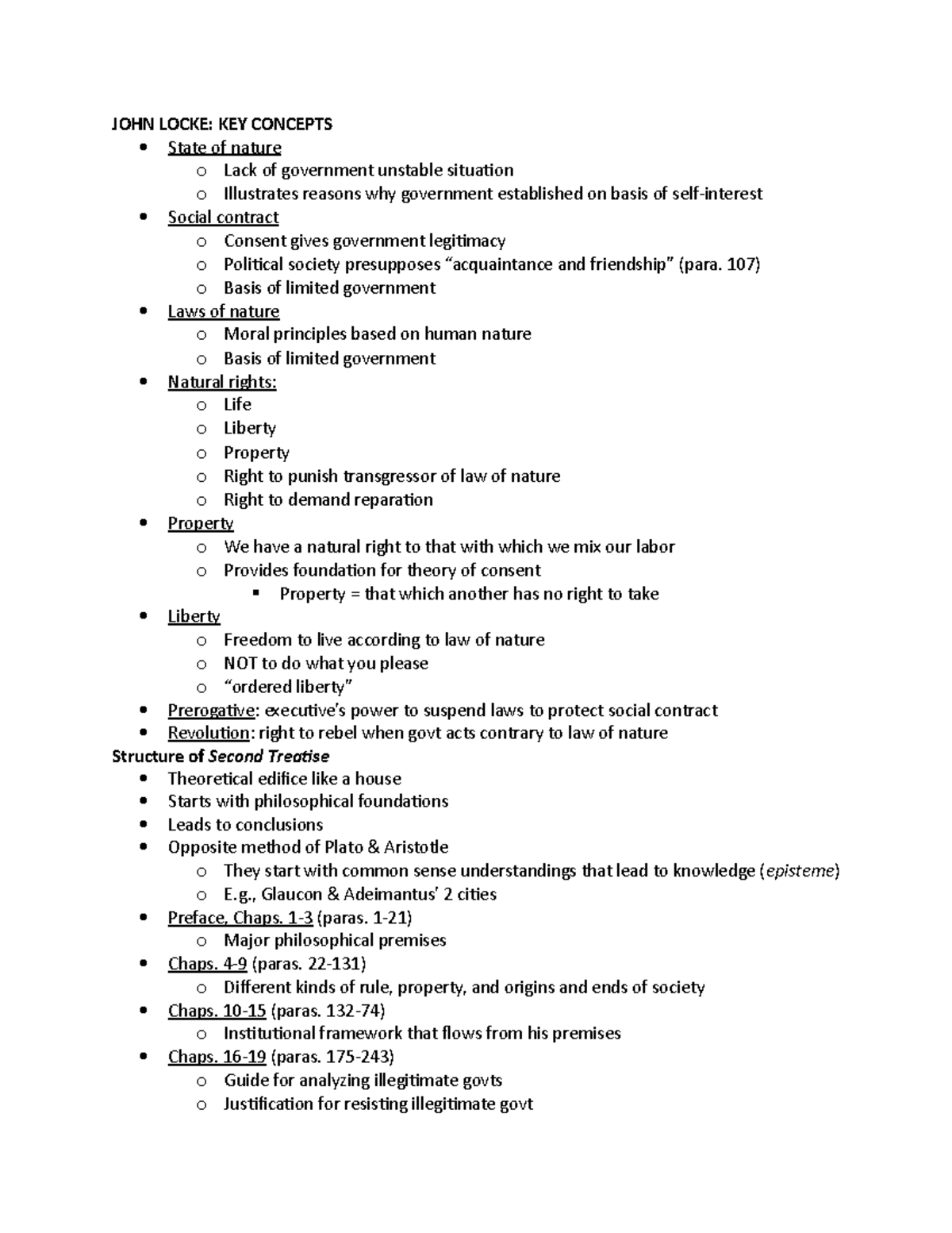 JOHN Locke notes - JOHN LOCKE: KEY CONCEPTS State of nature o Lack of ...