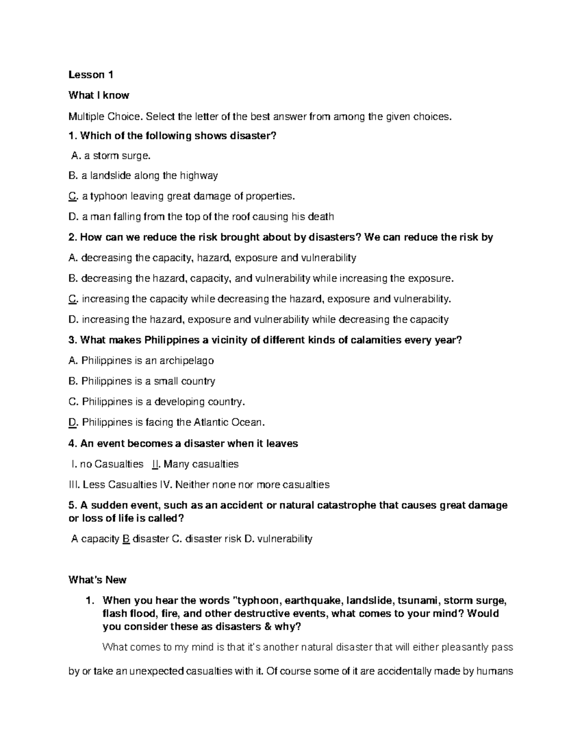 DRRM notes - Lesson 1 What I know Multiple Choice. Select the letter of ...