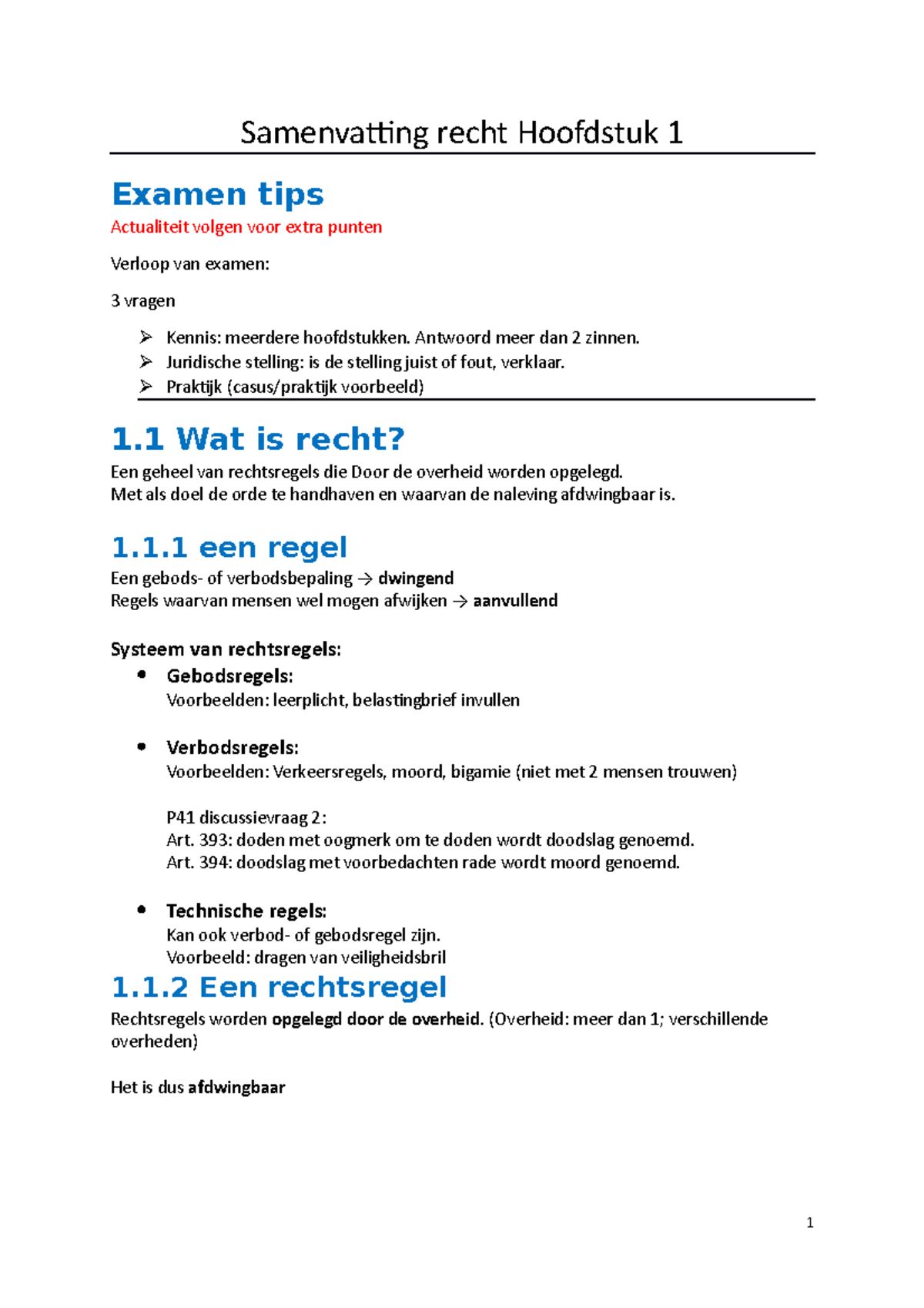 Hoofdstuk 1: Inleiding - Samenvatting Recht Hoofdstuk 1 Examen Tips ...