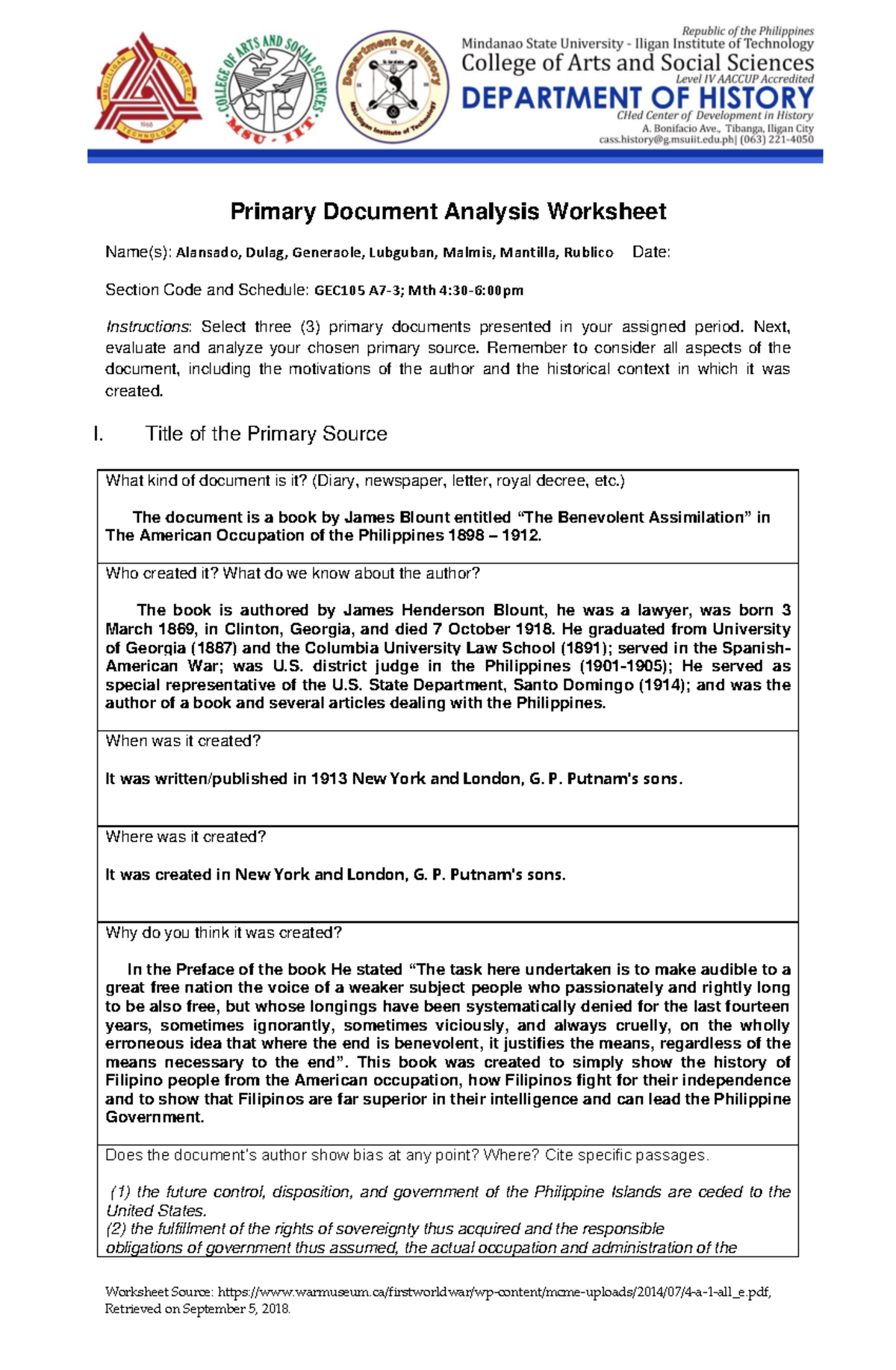 Group 3 Primary Document Worksheet 2 - Worksheet Source: - Studocu